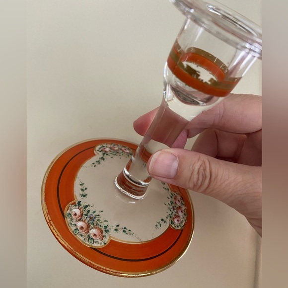 Vintage Set of 2 Candlesticks Clear w/ Hand painted Orange, Gold & Flowers - Picture 15 of 16